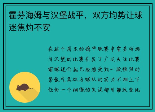 霍芬海姆与汉堡战平，双方均势让球迷焦灼不安